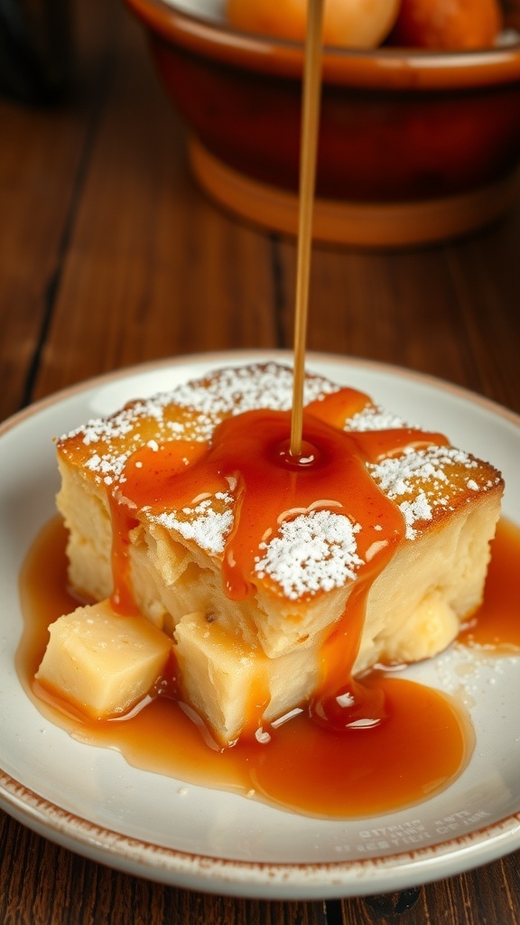 Classic Bread Pudding Recipe A delicious serving of bread pudding with powdered sugar and caramel sauce on a rustic table.